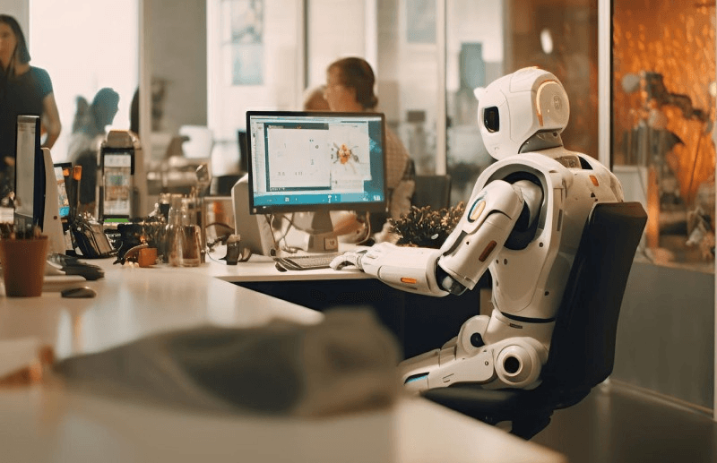 IA nelle PMI, un robot davanti al computer in mezzo ai suoi "colleghi" umani