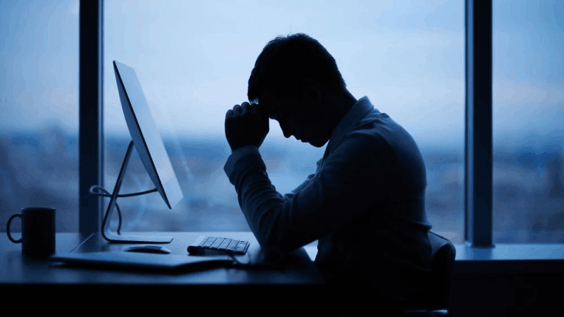 Cybersecurity in burnout: un tecnico della sicurezza informatica disperato davanti al pc