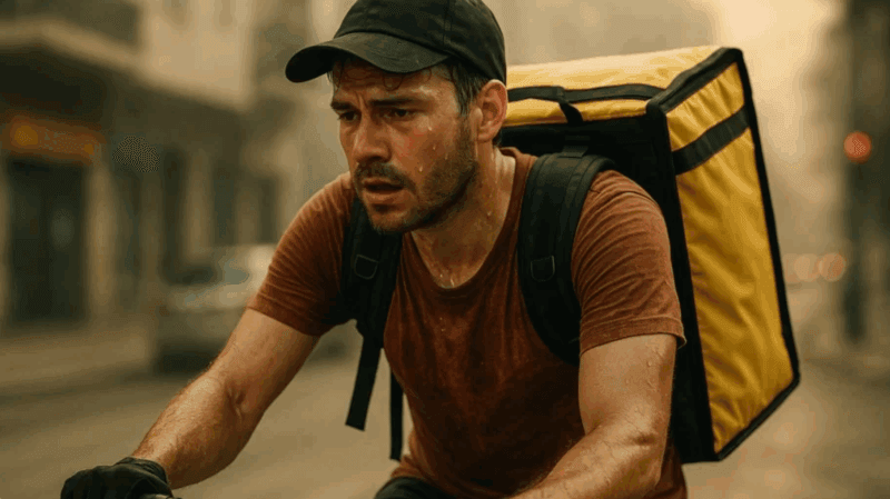 Un rider sudato lavora nonostante il caldo