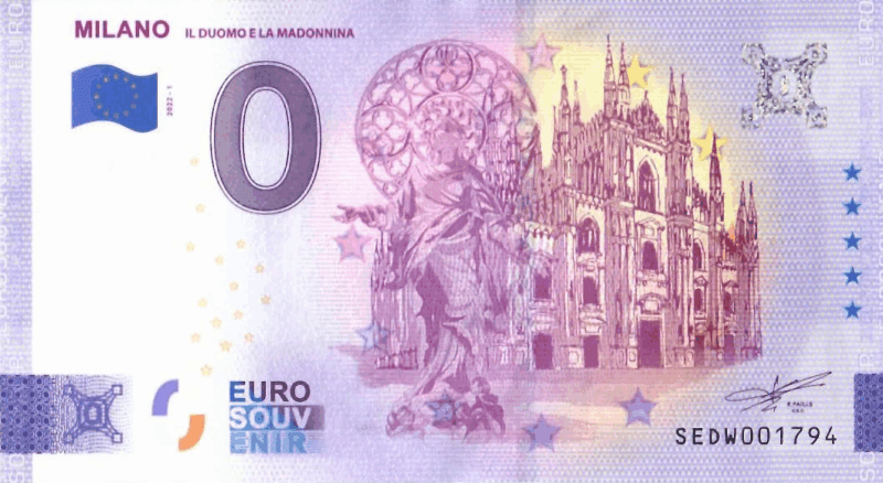 Una banconota da zero euro con Duomo e Madonnina, metafora del salario minimo locale pensato per Milano